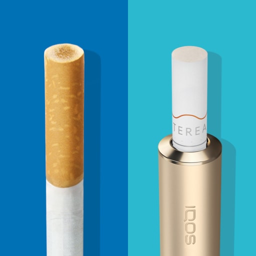 Cigarette filter with brown combustion stains compared to IQOS TEREA stick in an IQOS ILUMA holder with no equivalent stain.