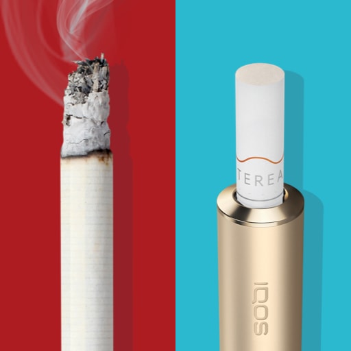 Lit cigarette end compared to IQOS TEREA stick in IQOS ILUMA  holder.