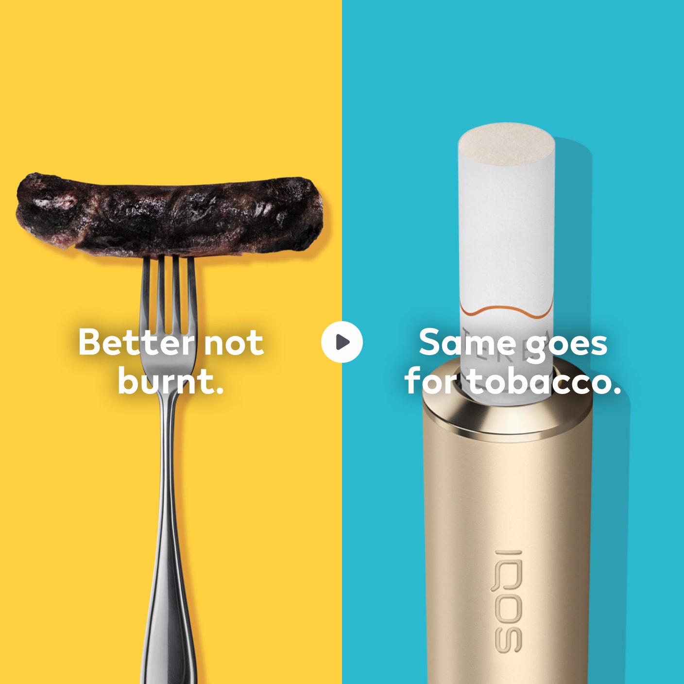 Burnt sausage on a fork compared to IQOS TEREA stick in an IQOS ILUMA holder.