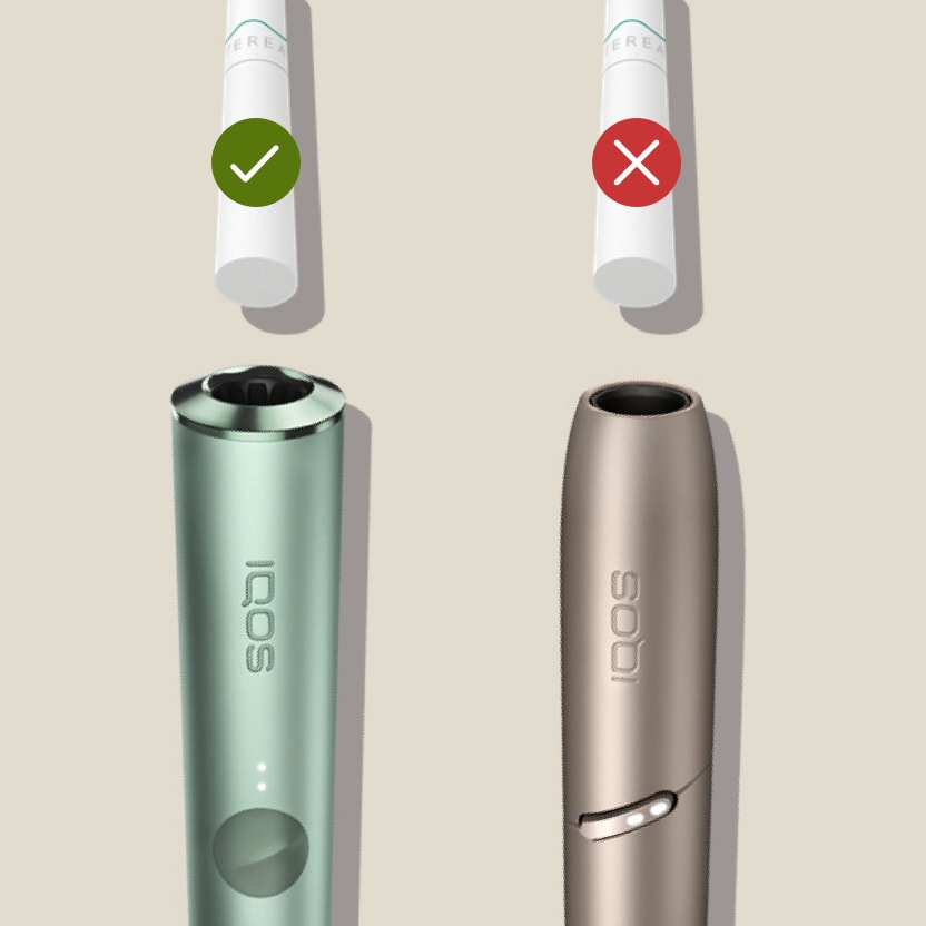An IQOS ILUMA™ device with a TEREA™ stick being fitted compared to an IQOS 3 device which should not be used with TEREA.